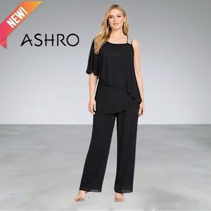 Ashro Black “Elle” Rhinestone Embellished Cold-Shoulder Pant Sui